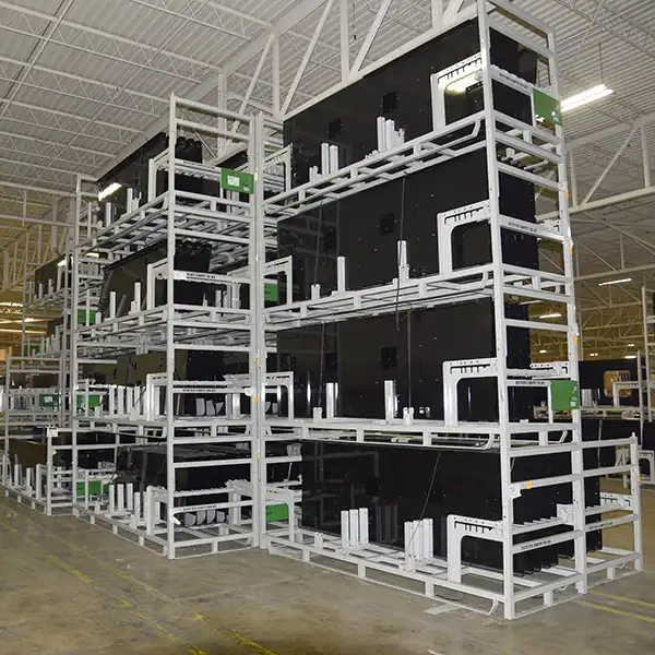 Stacked returnable shipping racks for optimized industrial transport and storage.