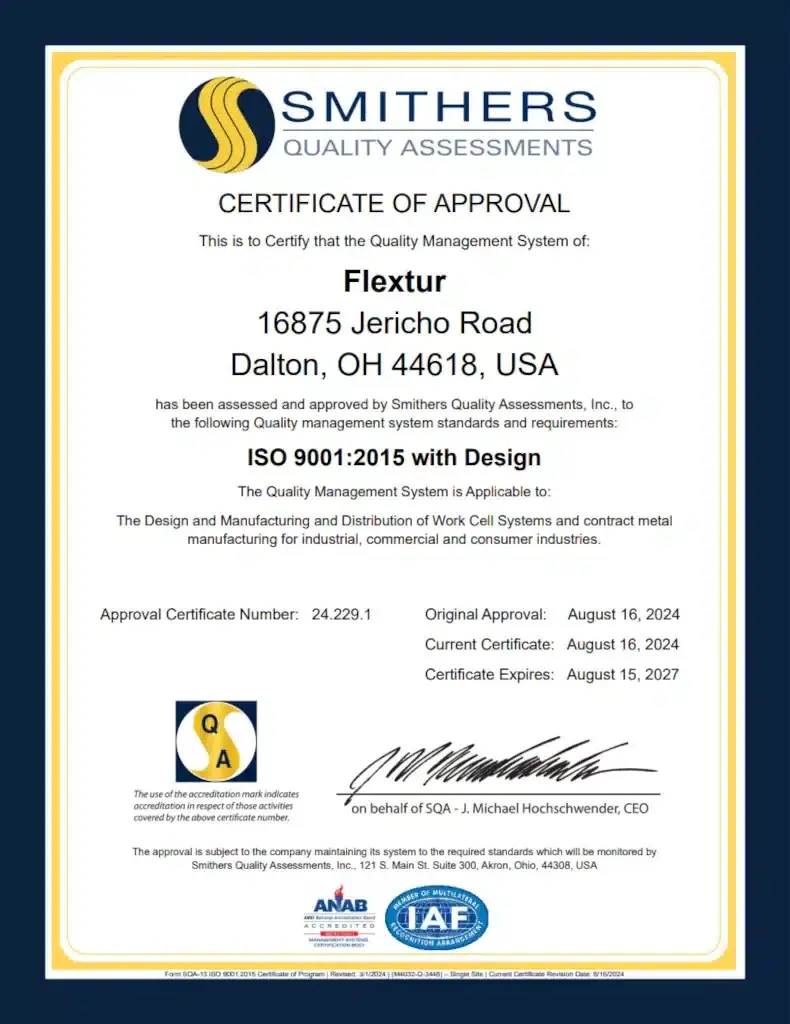 Flextur achieves ISO 9001:2015 certification, showcasing commitment to quality manufacturing standards.